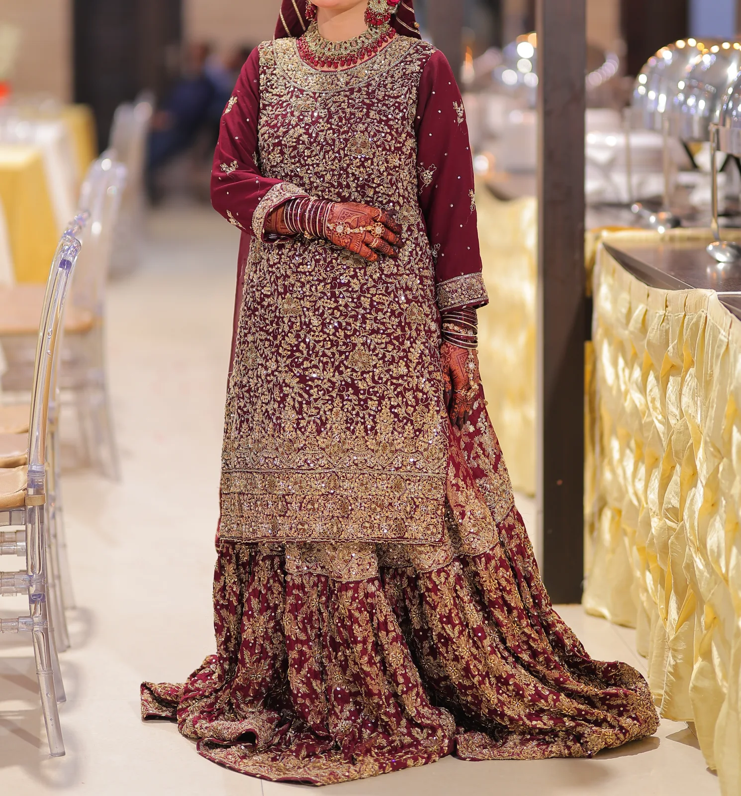 Deep maroon bridal dress